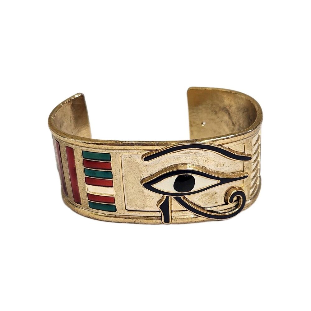 Vintage Heavy Brass Eye of Horus Statement Cuff Bracelet Missing Enamel Flaw 62g
